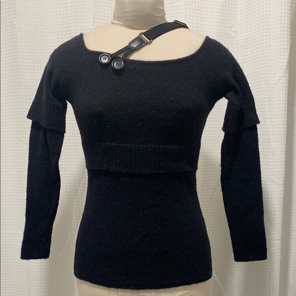 Liu Jo Black Crew Neck Sweater with Button Suspender Detail, Size XS
